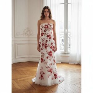 Jovani Elegant Strapless White & Red Floral Gown Size 4